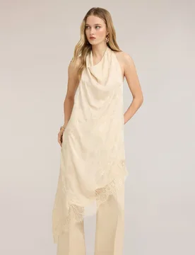 Vestido asimétrico de satén con drapeado escote halter con drapeado cierre con botones - Motivi - FashionsVida