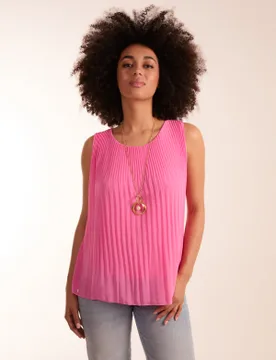 Sleeveless Pleated Top With Necklace - S/M / HOT PINK - female - Blue Vanilla - FashionsVida