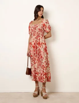 Watercolour Floral Shirred Puff Sleeve Midi Dress - L / ORANGE - female - Blue Vanilla - FashionsVida