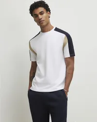 Mens T-Shirt White Slim Fit Shoulder Colour Block - Size X-Small