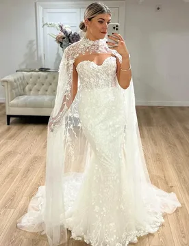Luxury Mermaid Wedding Dress with Cape Elegant Lace Appliques Bridal Gown with Train Vintage Backless Vestido De Novia Custom - Aliexpress - FashionsVida