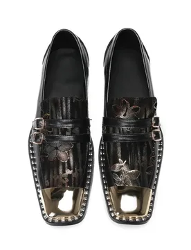 Iron Square Toe Men's Leather Shoes Flower Print Loafers Leisurely Youth Korean Style Trendy Leather Shoes Size 47 - Aliexpress - FashionsVida