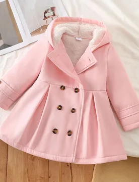 Chaqueta cortavientos de manga larga con capucha, de doble botonadura, de longitud media, con forro térmico de textura de punto rosa, adecuada para e - Shein - FashionsVida
