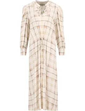 Vestido midi de manga larga con estampado de cuadros y ajuste de cordón en cintura - Barbour - FashionsVida