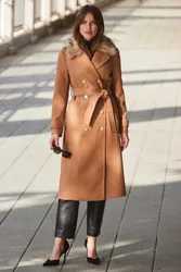 Womens Camel Longline Faux Wool Trench Coat With Fur Collar - Tan - Size 16 Uk
