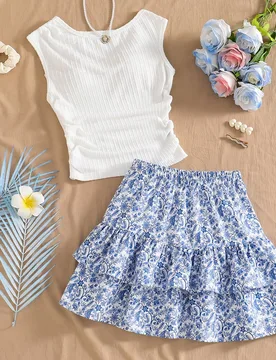 Nuevo conjunto de 2 piezas para adolescentes. Presenta un chaleco de punto jacquard azul de cuello redondo cómodo y casual, con un estilo vacacional, - Shein - FashionsVida