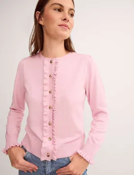 Crew Neck Ruffle Button Front Cardigan Pink female - Monsoon - FashionsVida