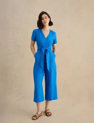Pure Linen Tie Waist Cropped Jumpsuit Blue female