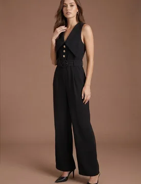 Women's Statement Collared Button Detail Jumpsuit in Black Size: 14 - Black - Size: 14 - Coast - FashionsVida