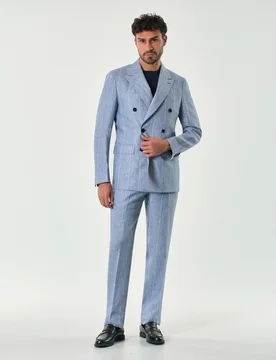 Abito azzurro doppiopetto gessato in puro lino con rever a lancia - Colamarino - FashionsVida