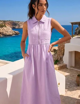 Collared Zip Front Midi Dress - Lilac - Size: 20 - Roman - FashionsVida