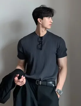 New Summer Men Knit Short Sleeve Tee Slim Stripe Solid Ice Silk Base Shirt Light Mature Simple Versatile Casual Daily Tops - Aliexpress - FashionsVida