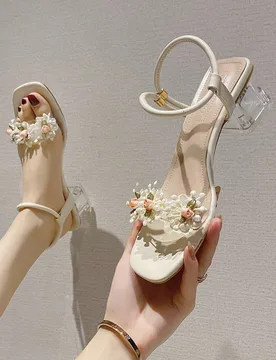 Sandalias con hebilla de tobillo y tacón grueso con decoración de flores y sandalias de tacón alto con rhinestones en forma de flores, para looks d - Shein - FashionsVida