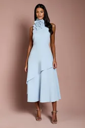 Petite High Neck Corsage Detail Midi Dress - Light Blue - Size: 12