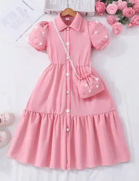Vestido de verano para niñas preadolescentes con chaqueta de manga abullonada, cuello y bolsillo, en unicolor - Shein - FashionsVida