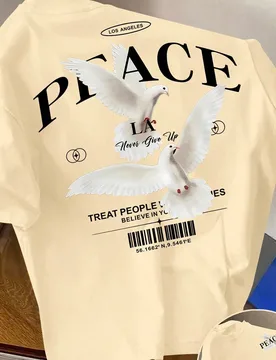 Camiseta casual de manga corta con estampado de letras y palomas, ajuste estándar para hombre, verano - Shein - FashionsVida