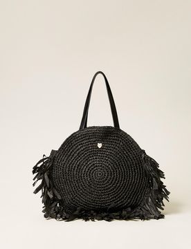 Cabas rond en raphia avec franges