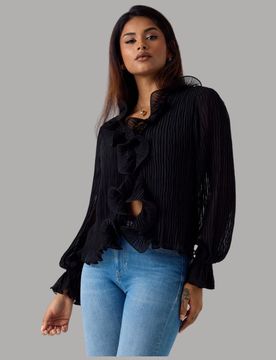 Blusa Nera in Chiffon con Volant e Scollo a V