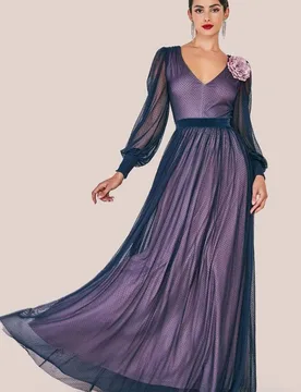 Corsage V-Neck Dobby Mesh Maxi - Blue - Size: 10 - Goddiva - FashionsVida