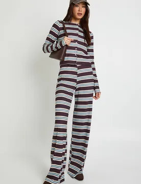 Womens Tall Tonal Stripe Crinkle Cardigan & Wide Leg Trouser Set - Chocolate - Size 14 Uk - Boohoo - FashionsVida