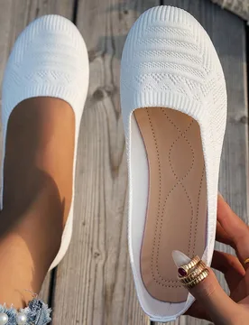 Zapatos planos de mujer de punta redonda, pantuflas de punto, bailarinas casuales transpirables para el verano, mocasines de empeine bajo para señora - Shein - FashionsVida