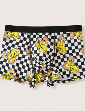 Calzoncillos tipo bóxer para hombres con estampado de pájaro de dibujos animados en cuadros amarillos, suaves y transpirables - Shein - FashionsVida