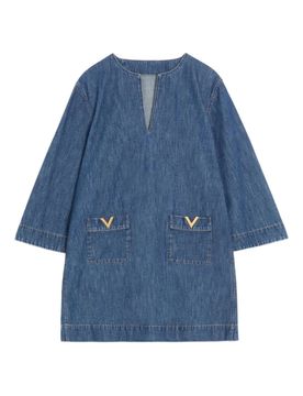 Signature V-Neck Mini Dress with Three-Quarter Sleeves and Gold Detail