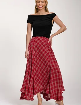 Women's Checked Chiffon Hem Maxi Skirt in Light Red Size: 18 - Light Red - Size: 18 - Jolie Moi - FashionsVida