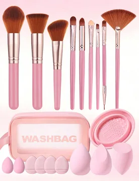 Piezas Conjunto de herramientas de maquillaje rosa con bolsa de lavado transparente, 9 brochas de maquillaje para rostro y ojos, cuenco plegable de si - Shein - FashionsVida