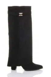 Women's High Block Heel Pointed Toe Fold Over Knee Boots in True Black Size: 8 - True Black - Size: 8