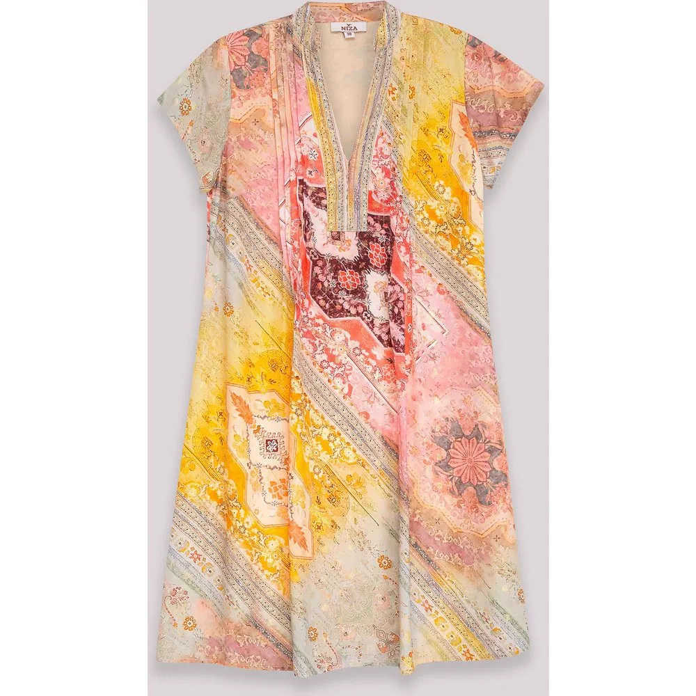Vestido corto de inspiración patchwork con escote decorado - Niza - FashionsVida