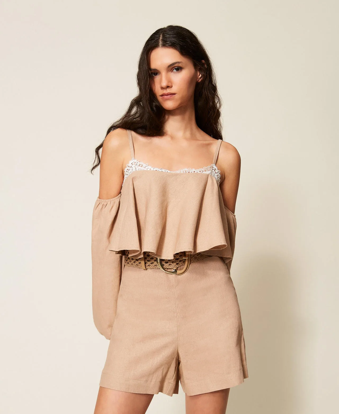 Combi-short en lin mélangé avec dentelle - TWINSET - FashionsVida