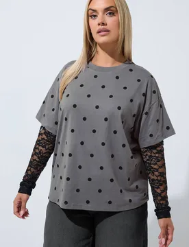 Women's Polka Dot Lace Top in Grey Size: 10 - Grey - Size: 10 - Yours - FashionsVida