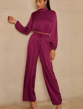 Women's Long Sleeve High Neck Satin Top in Purple Size: 12 - Purple - Size: 12 - Chi chi london - FashionsVida