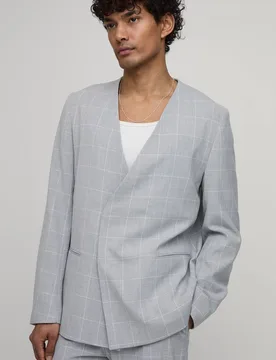 Men's Windowpane Checked Collarless Regular Fit Wrap Blazer Grey Size 38 Grey 38 - boohooMAN - FashionsVida