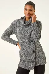 Women's Roll Neck Button Detail Longline Jumper in Black Size: 20 - Black - Size: 20