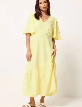 Women's Petite Asymmetric Tiered Midi Dress in Lemon Size: 8 - Lemon - Size: 8 - PixieGirl - FashionsVida