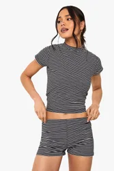 Womens Striped Cap Sleeve Top - Black Cotton - Size 6 Uk