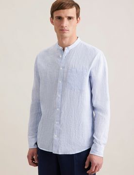 Regular Leinenhemd Gestreift Blau 38
