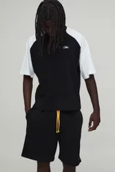 Mens Oversized Boxy Raglan T-Shirt & Baggy Short Set - Black Cotton - Size Medium