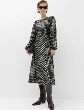 Checked Blouson Sleeve Midaxi Dress Black Mix female - M&S - FashionsVida