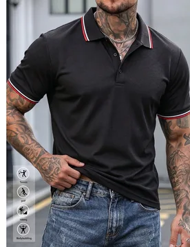 Camisa polo negra para hombre, cuello y puños a rayas negras, rojas y blancas, manga corta, estilo deportivo casual, corte slim, adecuada para golf y - Shein - FashionsVida