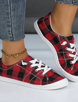 Zapatillas de correr para mujer, rojas, de moda, con punta redonda, con cordones, de lona, cómodas, casuales, ligeras, para verano - Shein - FashionsVida