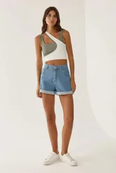 Womens Turn-Up Mom Fit Short - Sky Blue - Size Small