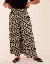 Curve Shirred Wide Leg Aztec Trousers - 26/28 / BLACK - female