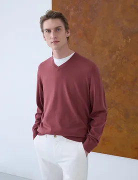 Jersey de hombre cuello pico liso 100% lana merino - Emidio Tucci - FashionsVida