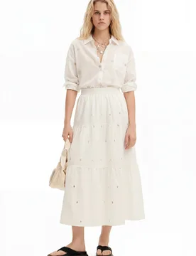Jupe midi broderie suisse WHITE S female - Desigual - FashionsVida