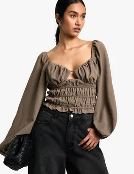 Womens Woven Shirred Cut Out Long Sleeve Top - Khaki - Size 8 Uk - Boohoo - FashionsVida