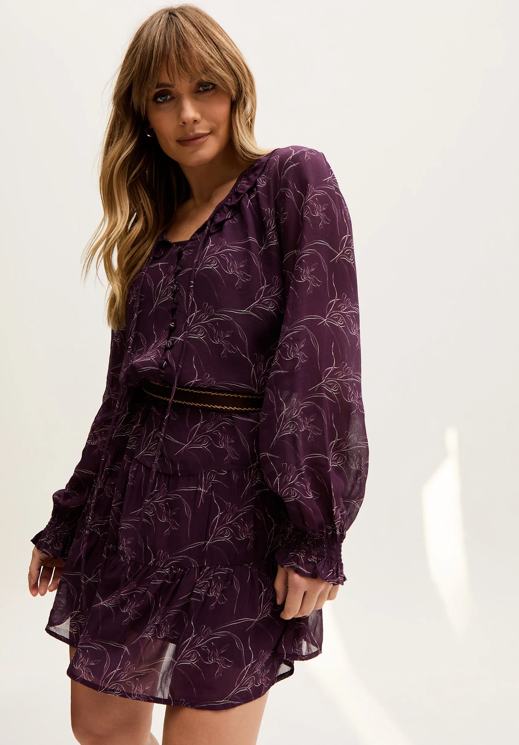 Henrietta Floral Print Button Down Mini Dress In Purple - 8 - Lily and Lionel London Limited - FashionsVida