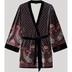 Kimono de mujer de terciopelo con estampado oriental y topitos